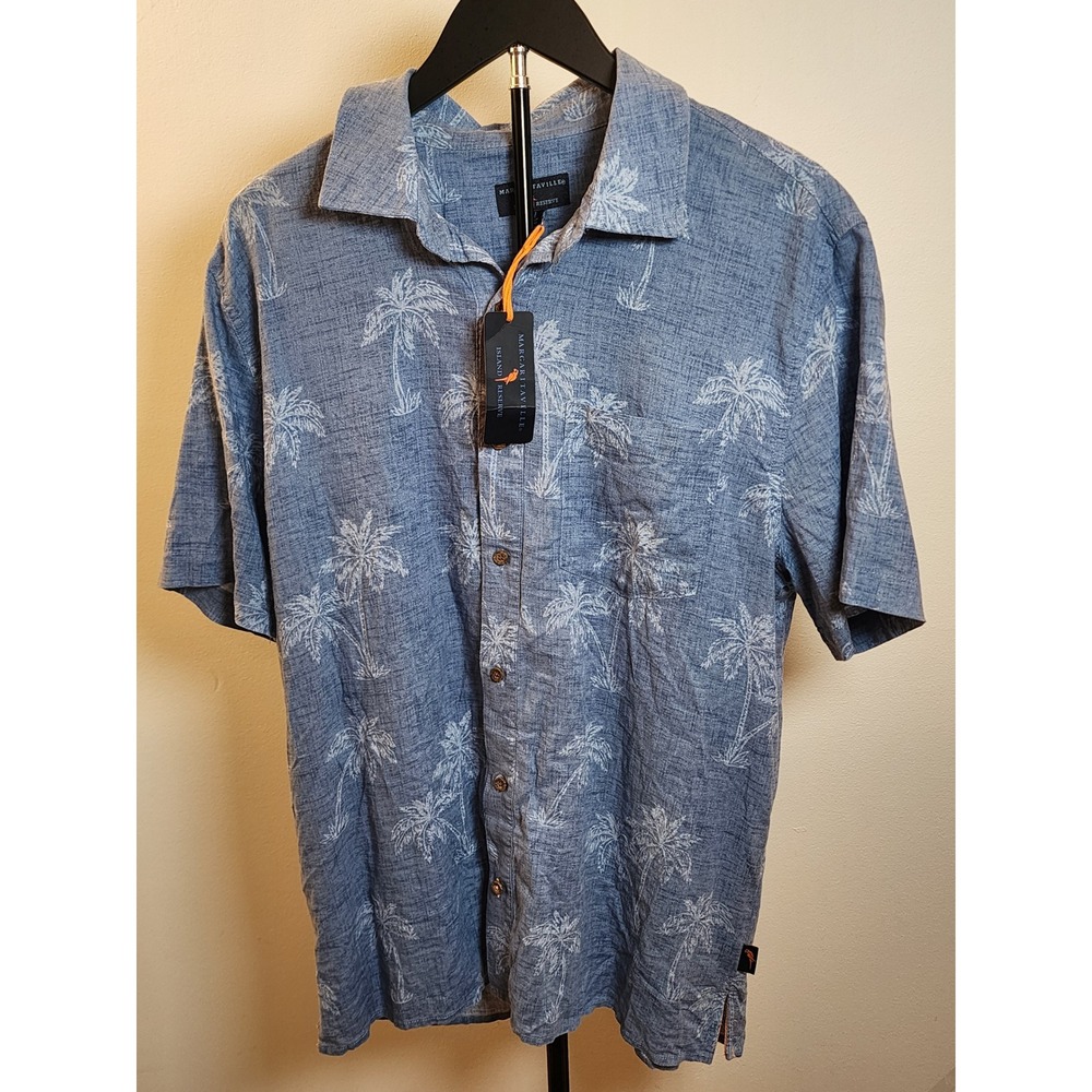 NWT Margaritaville Men's Linen Blend Palm Shirt M - Hawaiian Camp Button Down
